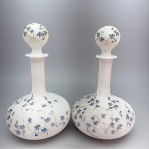 Antique Victorian HandPainted Milk Glass Decanters Barber Dresser Bottles